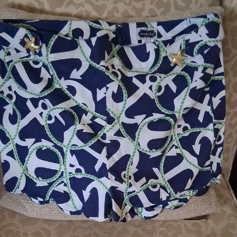 Mud Pie Navy and White Anchor Print High Waist Shorts